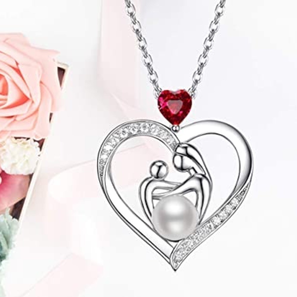 ALWAYS MY MOM Grandma Red Stone Pearl Heart Pendant Chain Necklace